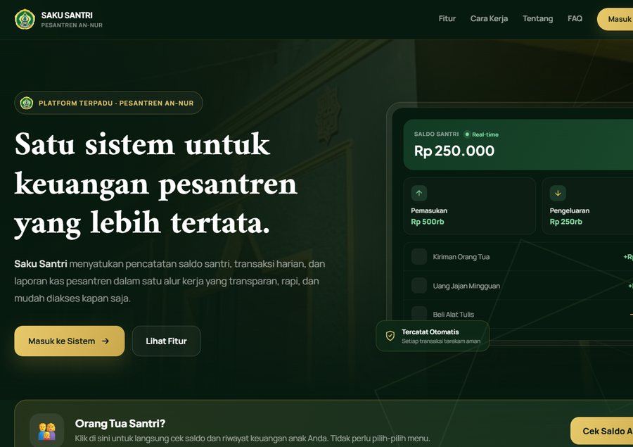 Tampilan landing page Saku Santri di desktop
