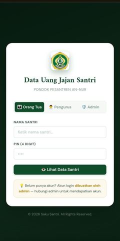 Tampilan login Data Uang Jajan Santri di HP